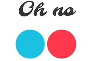 Chữ Oh no màu đen với hai vòng tròn, một màu xanh dương và một màu đỏ, nằm bên dưới