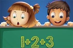 Hai đứa trẻ trên bảng với biểu thức 1+2+3