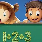 Hai đứa trẻ trên bảng với biểu thức 1+2+3