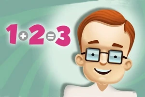 Một nhân vật hoạt hình đeo kính mỉm cười bên cạnh phép tính 1 + 2 = 3 trên nền xanh nhạt
