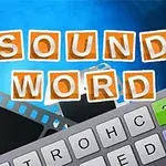 Các chữ cái màu cam ghi 1 SOUND 1 WORD trên nền xanh, kèm bàn phím ảo và các cuộn phim