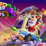 Ông già Noel lái xe tải trên đường tuyết với nhiều viên đá quý và kẹo bay xung quanh