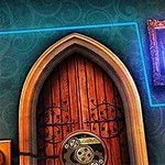 Cánh cửa gỗ lớn với hoa văn trang trí cầu kỳ, bên phải là bức tranh phát sáng và một phần của bức tượng