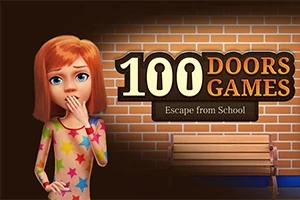 Một cô gái với mái tóc đỏ và khuôn mặt ngạc nhiên đứng cạnh băng ghế gỗ trước bức tường gạch, với dòng chữ lớn 100 Doors Games nổi bật bên cạnh