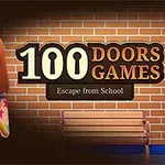 Một cô gái với mái tóc đỏ và khuôn mặt ngạc nhiên đứng cạnh băng ghế gỗ trước bức tường gạch, với dòng chữ lớn 100 Doors Games nổi bật bên cạnh