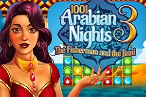 Người phụ nữ trong trang phục truyền thống với bảng màu sắc đa dạng và chữ 1001 Arabian Nights 3: The Fisherman and the Jinni trên nền