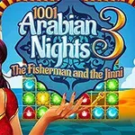 Người phụ nữ trong trang phục truyền thống với bảng màu sắc đa dạng và chữ 1001 Arabian Nights 3: The Fisherman and the Jinni trên nền