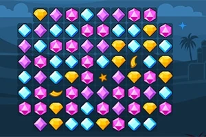 Một lưới gồm các viên đá quý màu hồng, xanh dương và vàng được xếp cạnh nhau trên nền tối, với một ngôi sao nhỏ ở giữa