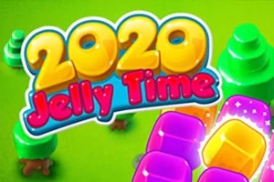 Chữ 2020 Jelly Time với phông chữ màu vàng và hồng, nằm trên nền xanh lá cây với các khối màu tím và vàng cùng cây cối xung quanh