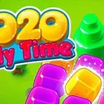 Chữ 2020 Jelly Time với phông chữ màu vàng và hồng, nằm trên nền xanh lá cây với các khối màu tím và vàng cùng cây cối xung quanh