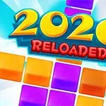 Chữ 2020 RELOADED nổi bật với các khối màu tím và cam trên nền màu xanh sáng