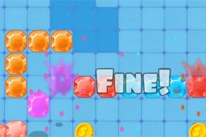 Các viên ngọc màu cam và tím xếp trên lưới màu xanh với chữ FINE!