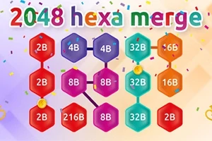 Các hình lục giác nhiều màu sắc nối với nhau, mỗi hình chứa số liệu như 2B, 4B, 8B, nằm dưới tiêu đề 2048 hexa merge giữa khung cảnh rải rác ánh sáng và kim tuyến