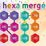 Các hình lục giác nhiều màu sắc nối với nhau, mỗi hình chứa số liệu như 2B, 4B, 8B, nằm dưới tiêu đề 2048 hexa merge giữa khung cảnh rải rác ánh sáng và kim tuyến