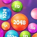 Các quả bóng đầy màu sắc với các số như 2048, 1024, 512, và 256 trên nền màu tím