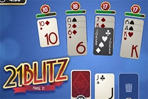 Giao diện trò chơi thẻ với bốn cột thẻ, mỗi cột có tổng số khác nhau, và logo 21 Blitz nổi bật ở góc dưới cùng