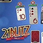Giao diện trò chơi thẻ với bốn cột thẻ, mỗi cột có tổng số khác nhau, và logo 21 Blitz nổi bật ở góc dưới cùng