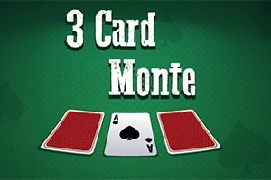 Ba lá bài nằm trên bàn xanh với chữ 3 Card Monte phía trên