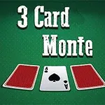 Ba lá bài nằm trên bàn xanh với chữ 3 Card Monte phía trên