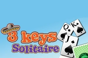 Hình ảnh có nền trời xanh với một chiếc mũ và các quân bài Q, K, J cùng dòng chữ 3 keys Solitaire