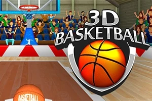 Hình ảnh một sân bóng rổ với quả bóng ở phía trước, logo bóng rổ 3D nổi bật và khán giả trên khán đài