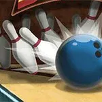 Bóng bowling màu xanh va chạm với các con ki gỗ đang ngã