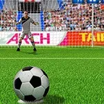 Quả bóng đá trên sân cỏ với thủ môn đứng trước khung thành