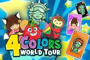 Các nhân vật hoạt hình vui nhộn trong trang phục văn hóa khác nhau cùng với dòng chữ 4 Colors World Tour và một vài lá bài màu sắc nổi bật