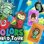 Các nhân vật hoạt hình vui nhộn trong trang phục văn hóa khác nhau cùng với dòng chữ 4 Colors World Tour và một vài lá bài màu sắc nổi bật