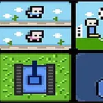 Hình ảnh với bốn ô vuông cho thấy các cảnh pixel nhân vật nhảy, chơi bóng đá, xe tăng xanh và một dụng cụ hình búa