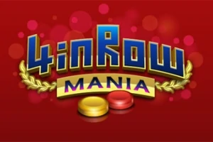 Hình ảnh có chữ 4 in Row Mania trên nền đỏ với các đốm sáng, kèm theo biểu tượng hai đĩa tròn màu vàng và đỏ