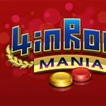 Hình ảnh có chữ 4 in Row Mania trên nền đỏ với các đốm sáng, kèm theo biểu tượng hai đĩa tròn màu vàng và đỏ