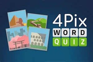Bốn bức ảnh nhỏ với cảnh biểu tượng nổi tiếng và dòng chữ 4Pix Word Quiz trên nền xanh