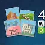 Bốn bức ảnh nhỏ với cảnh biểu tượng nổi tiếng và dòng chữ 4Pix Word Quiz trên nền xanh