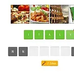 Hình ảnh gồm bốn ô vuông trên cùng chứa hình pizza, món mì Ý, Đấu trường La Mã, và quốc kỳ Ý; bên dưới là các ô chữ cái đánh vần ITALY