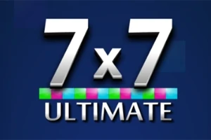 Chữ 7x7 ULTIMATE màu trắng trên nền xanh biển, với một dải màu sắc ở giữa