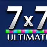 Chữ 7x7 ULTIMATE màu trắng trên nền xanh biển, với một dải màu sắc ở giữa
