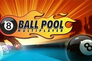 Biểu tượng bóng bida số 8 với nền lửa, dòng chữ Ball Pool Multiplayer và các bóng bida khác trên bàn