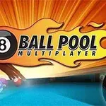 Biểu tượng bóng bida số 8 với nền lửa, dòng chữ Ball Pool Multiplayer và các bóng bida khác trên bàn