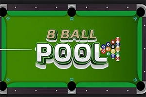 Bàn bi-a màu xanh với dòng chữ 8 Ball Pool nổi bật ở giữa và hình ảnh các bi-a xếp chồng ở bên phải