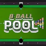 Bàn bi-a màu xanh với dòng chữ 8 Ball Pool nổi bật ở giữa và hình ảnh các bi-a xếp chồng ở bên phải