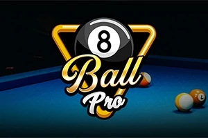 Bóng billiards số 8 với chữ Ball Pro trên nền bàn billiards xanh với các viên bóng khác