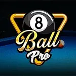 Bóng billiards số 8 với chữ Ball Pro trên nền bàn billiards xanh với các viên bóng khác