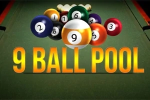 Các quả bóng bida số 1 đến 9 nằm trên một bàn bida màu xanh lá cây với dòng chữ 9 BALL POOL màu vàng phía trước