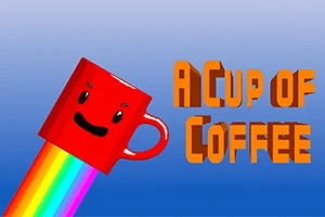 Cốc cà phê đỏ với gương mặt vui vẻ và cầu vồng, với dòng chữ A Cup of Coffee nổi bật trên nền xanh