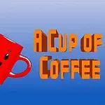 Cốc cà phê đỏ với gương mặt vui vẻ và cầu vồng, với dòng chữ A Cup of Coffee nổi bật trên nền xanh