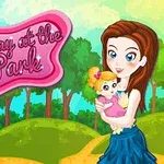 Người phụ nữ trẻ với mái tóc nâu ôm một em bé nhỏ đáng yêu trong công viên xanh, cùng dòng chữ màu hồng lớn