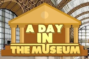 Hình ảnh có dòng chữ A Day in the Museum nằm trên nền một bảo tàng với các cửa sổ vòm kính lớn
