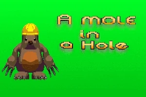 Chuột chũi đội mũ bảo hiểm đứng trên nền xanh lục bên cạnh dòng chữ A Mole in a Hole