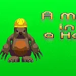 Chuột chũi đội mũ bảo hiểm đứng trên nền xanh lục bên cạnh dòng chữ A Mole in a Hole